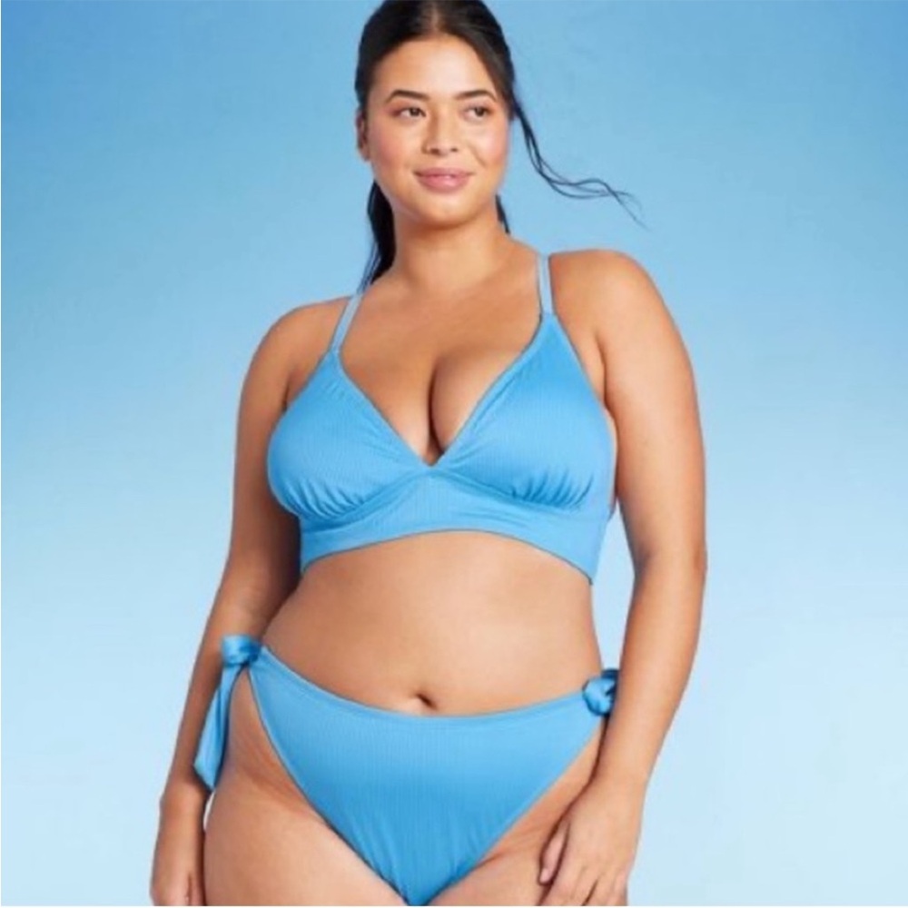 Wild Fable Blue Ribbed Triangle String Bikini Top